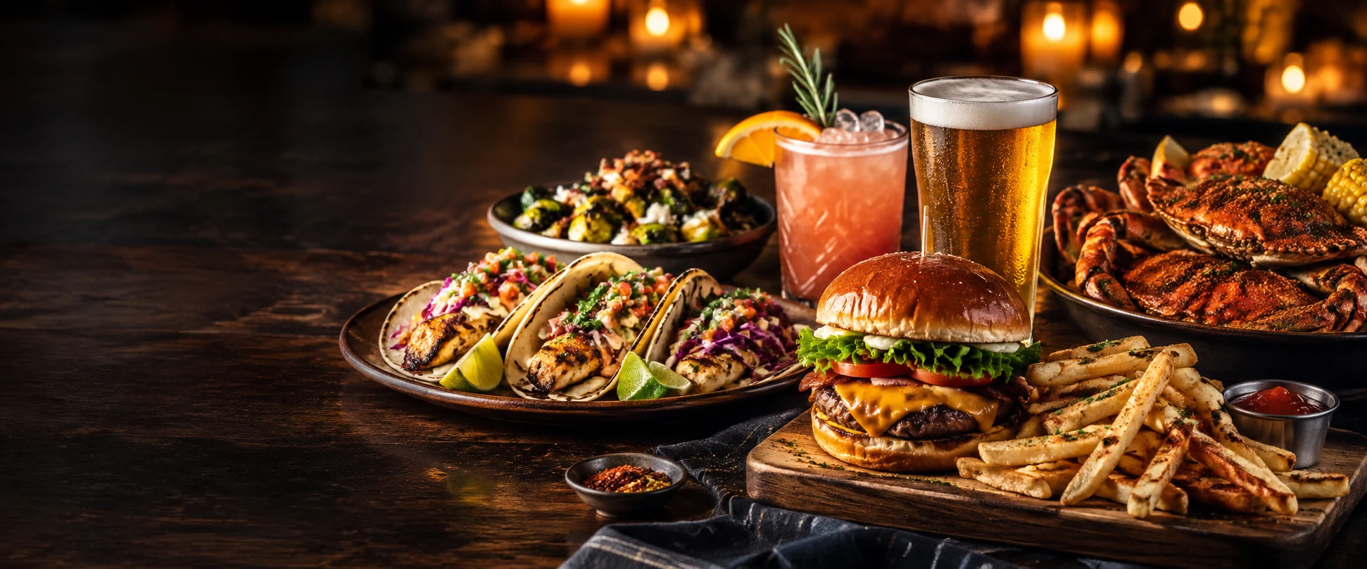Local favorites including seafood, tacos, a burger, a craft cocktail and a chilled beer